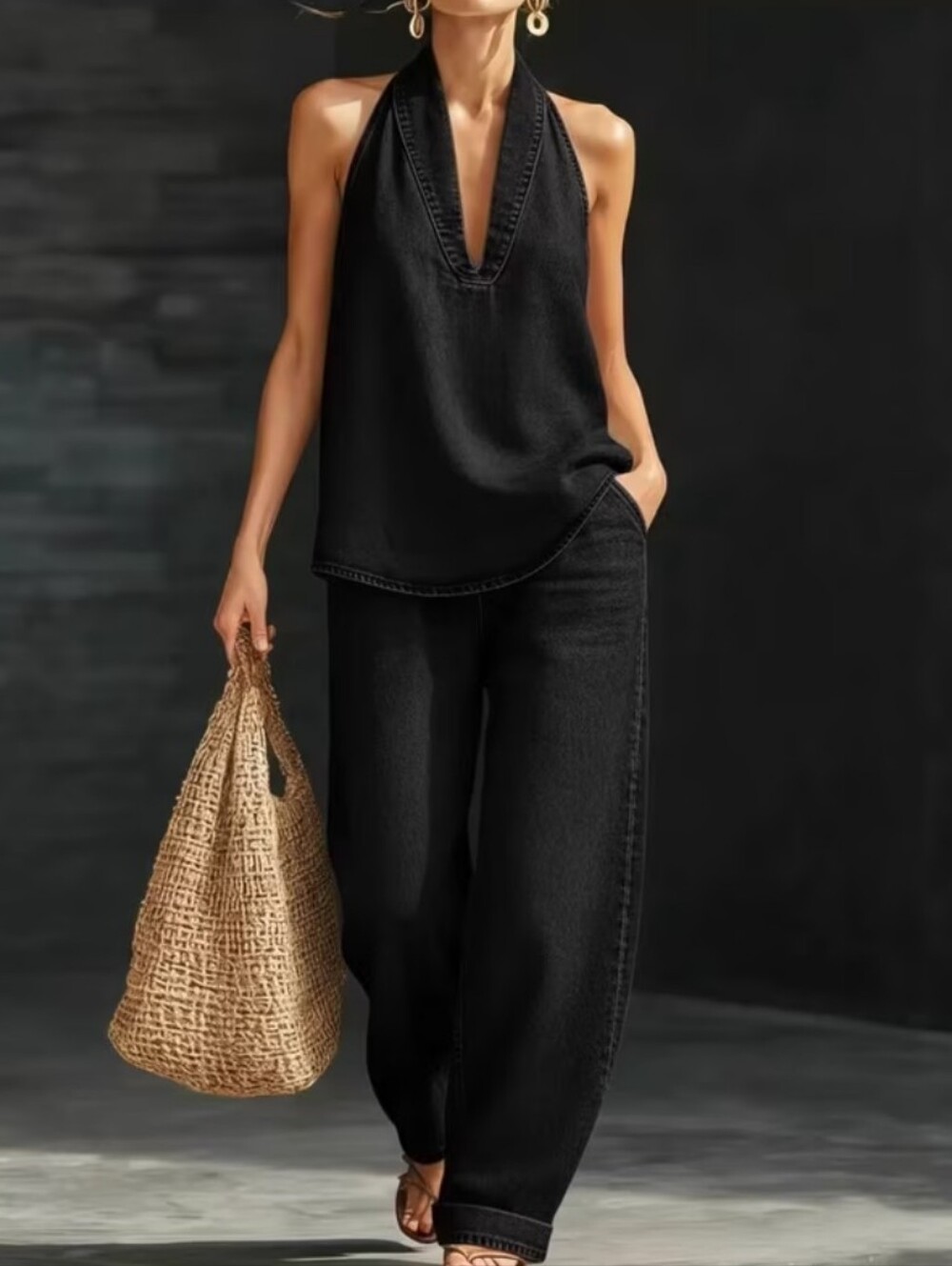Women’s Black Sleeveless Top & Black High Waistes Wide-Leg Pants Set. Large